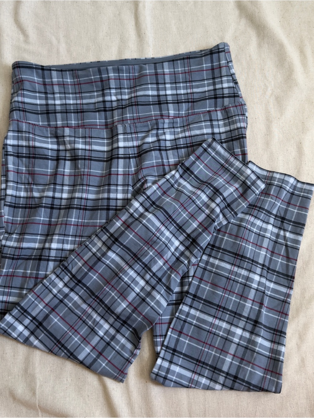 Gray Plaid Leggings with Subtle Red Accents